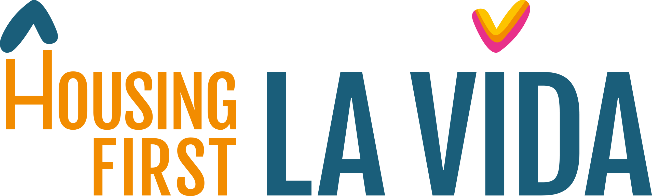 Housing First LA Vida-Logo mit einem blauen Pfeil über dem H und einem mehrfarbigen Häkchen über dem I in VIDA.