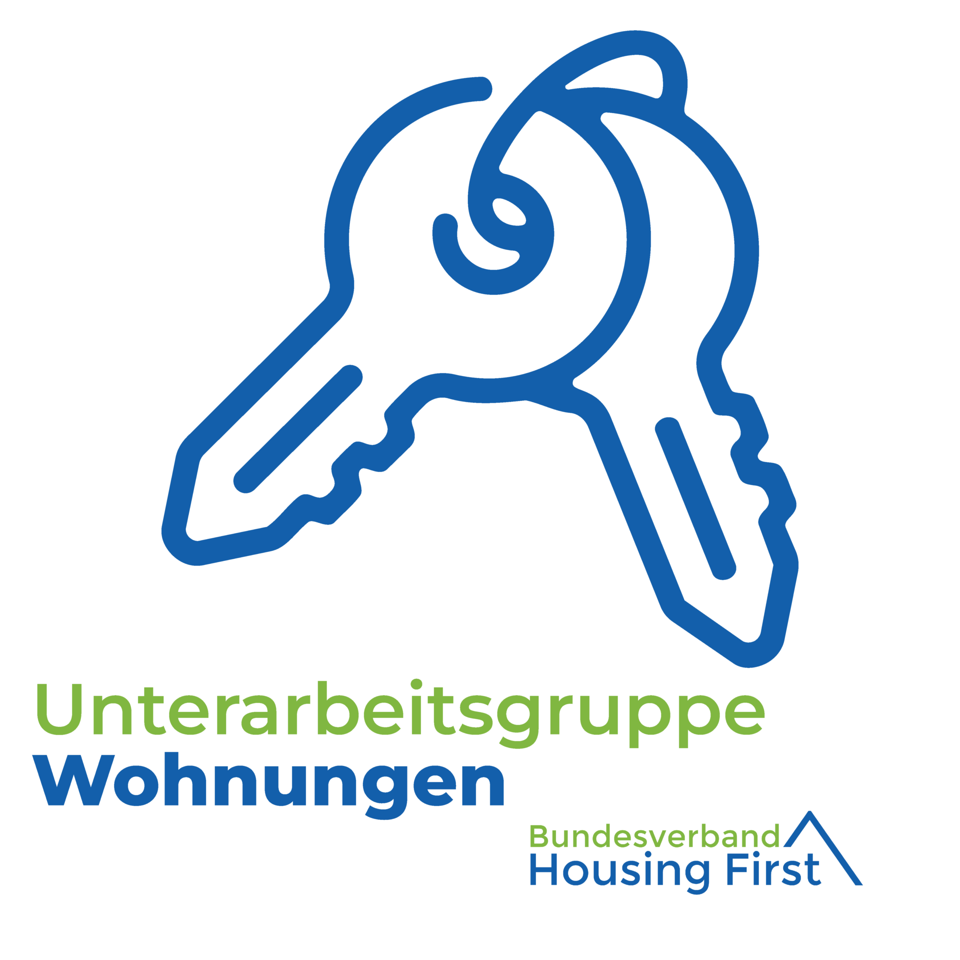 Umriss von zwei ineinander greifenden Schlüsseln über dem deutschen Text Unterarbeitsgruppe Wohnungen und dem Logo Bundesverband Housing First mit einer Dachform.