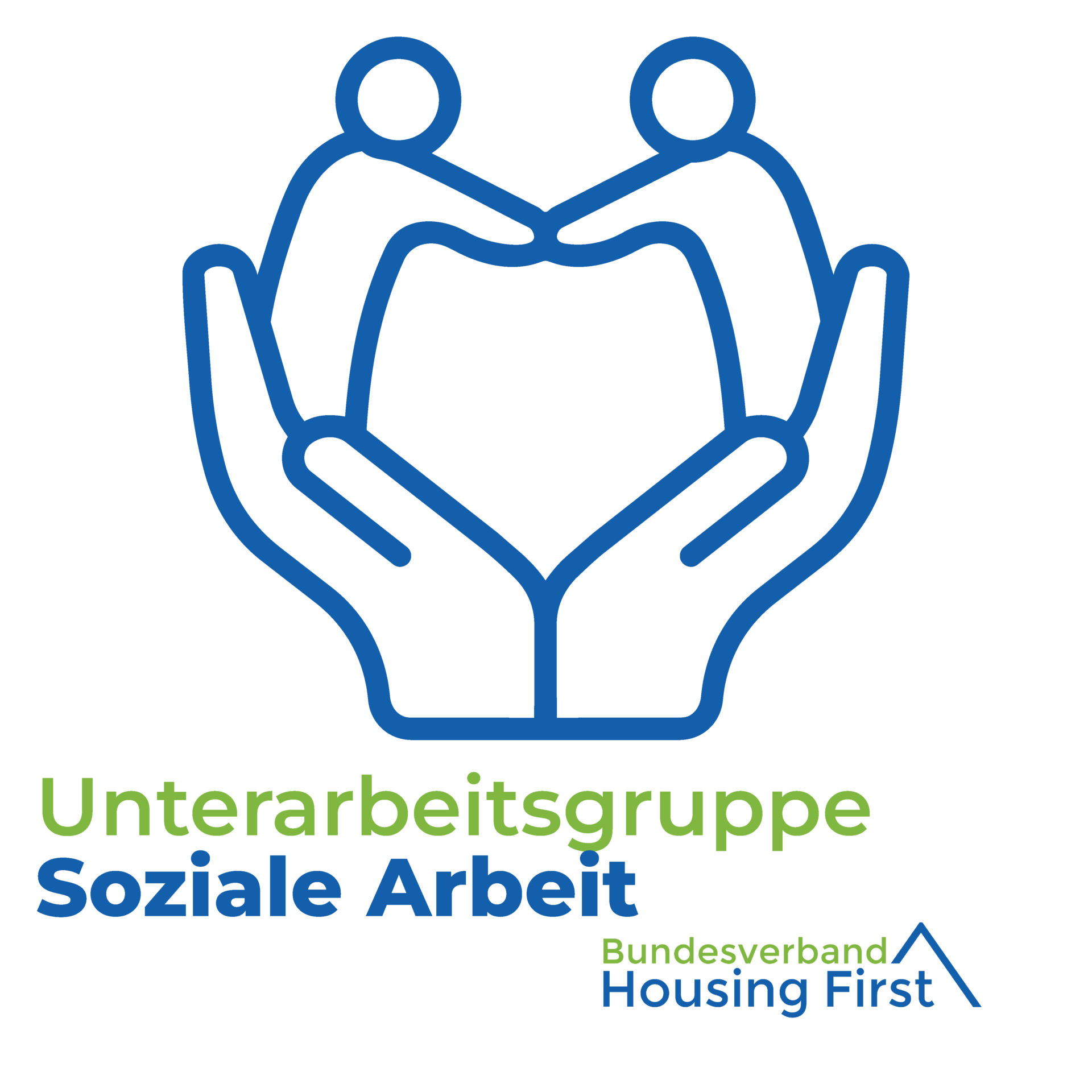 Logo mit zwei stilisierten Figuren in zwei geöffneten Händen, begleitet von dem Text: Unterarbeitsgruppe Soziale Arbeit Bundesverband Housing First.