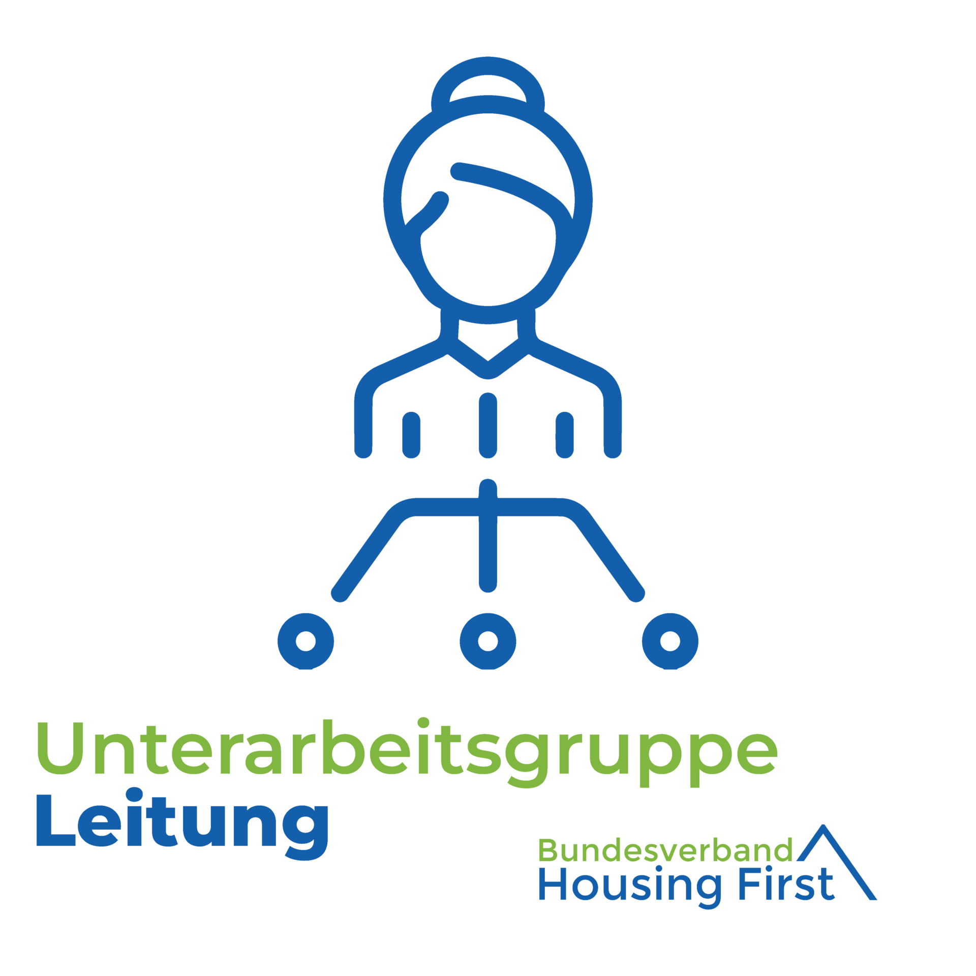 Symbol einer Person, die mit drei Knotenpunkten verbunden ist, darunter der Text Unterarbeitsgruppe Leitung und Bundesverband Housing First.