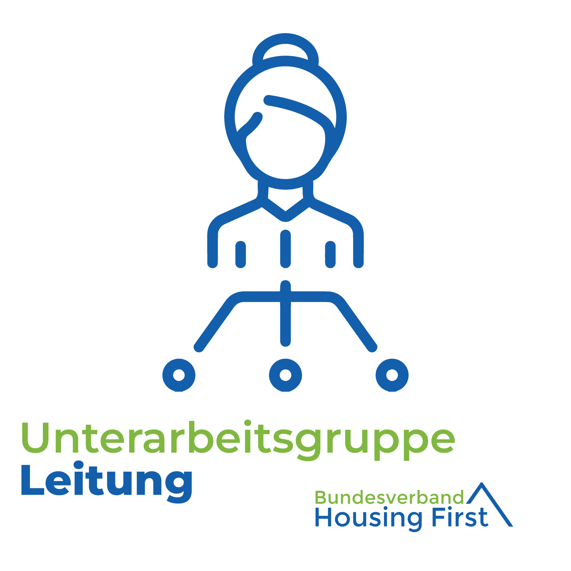 Symbol einer Person, die mit drei Knotenpunkten verbunden ist, darunter der Text Unterarbeitsgruppe Leitung und Bundesverband Housing First.