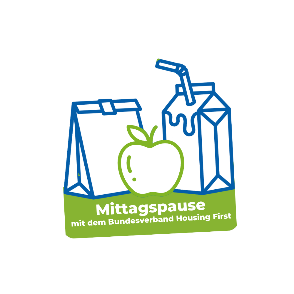 Abbildung einer Papiertüte, eines Apfels und eines Saftpäckchens mit Strohhalm. Der Text darunter lautet: Mittagspause mit dem Bundesverband Housing First.