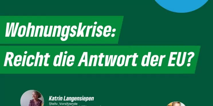 Webinar-Plakat zur Wohnungskrise in der EU mit den Namen, Titeln und Fotos der Referenten. Die Veranstaltung findet am Dienstag, dem 29. September, um 18:30 Uhr statt.