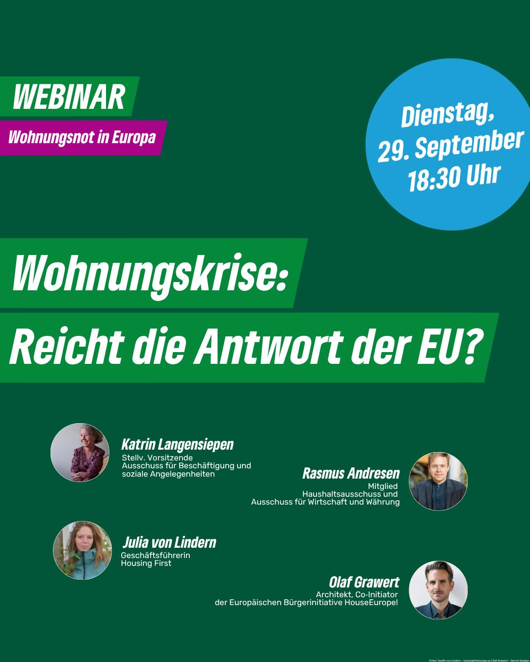 Webinar-Plakat zur Wohnungskrise in der EU mit den Namen, Titeln und Fotos der Referenten. Die Veranstaltung findet am Dienstag, dem 29. September, um 18:30 Uhr statt.