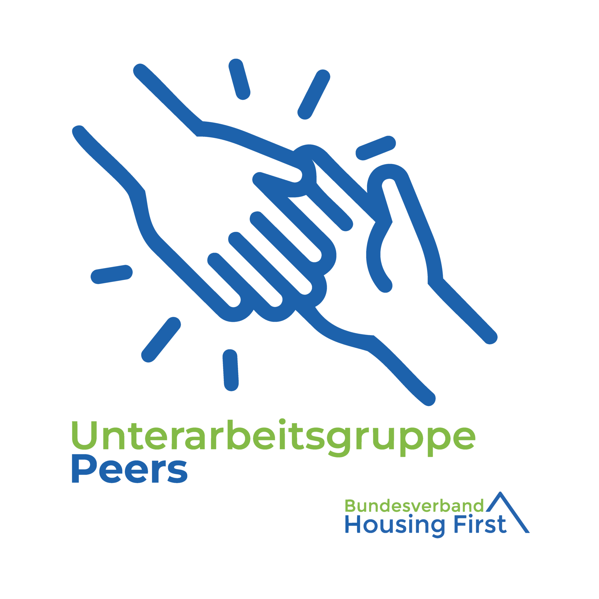 Zwei stilisierte Hände, die sich einander entgegenstrecken, um Unterstützung zu symbolisieren, mit dem deutschen Text Unterarbeitsgruppe Peers und Bundesverband Housing First darunter.